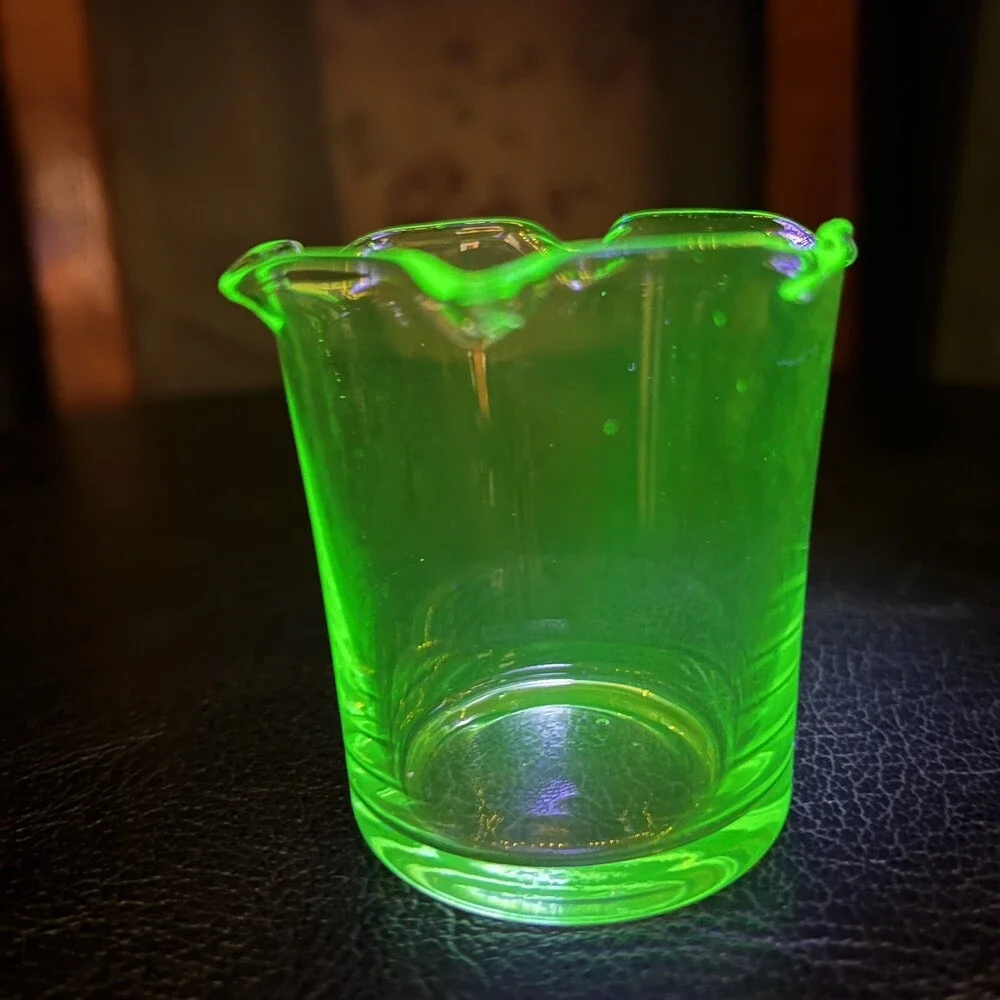 VTG Green Uranium Vaseline Glass Shot Glass Glow Retro Barware 2.25